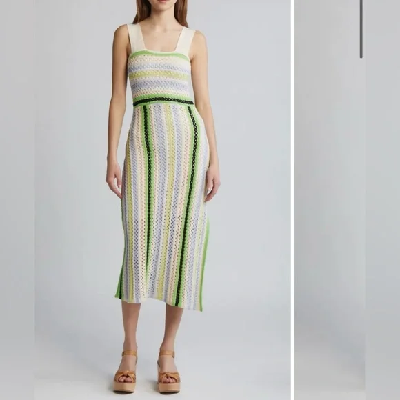 NWOT Ciebon Sahara Crochet Midi Sweater Dress - Green Multi - M - Picture 6 of 11